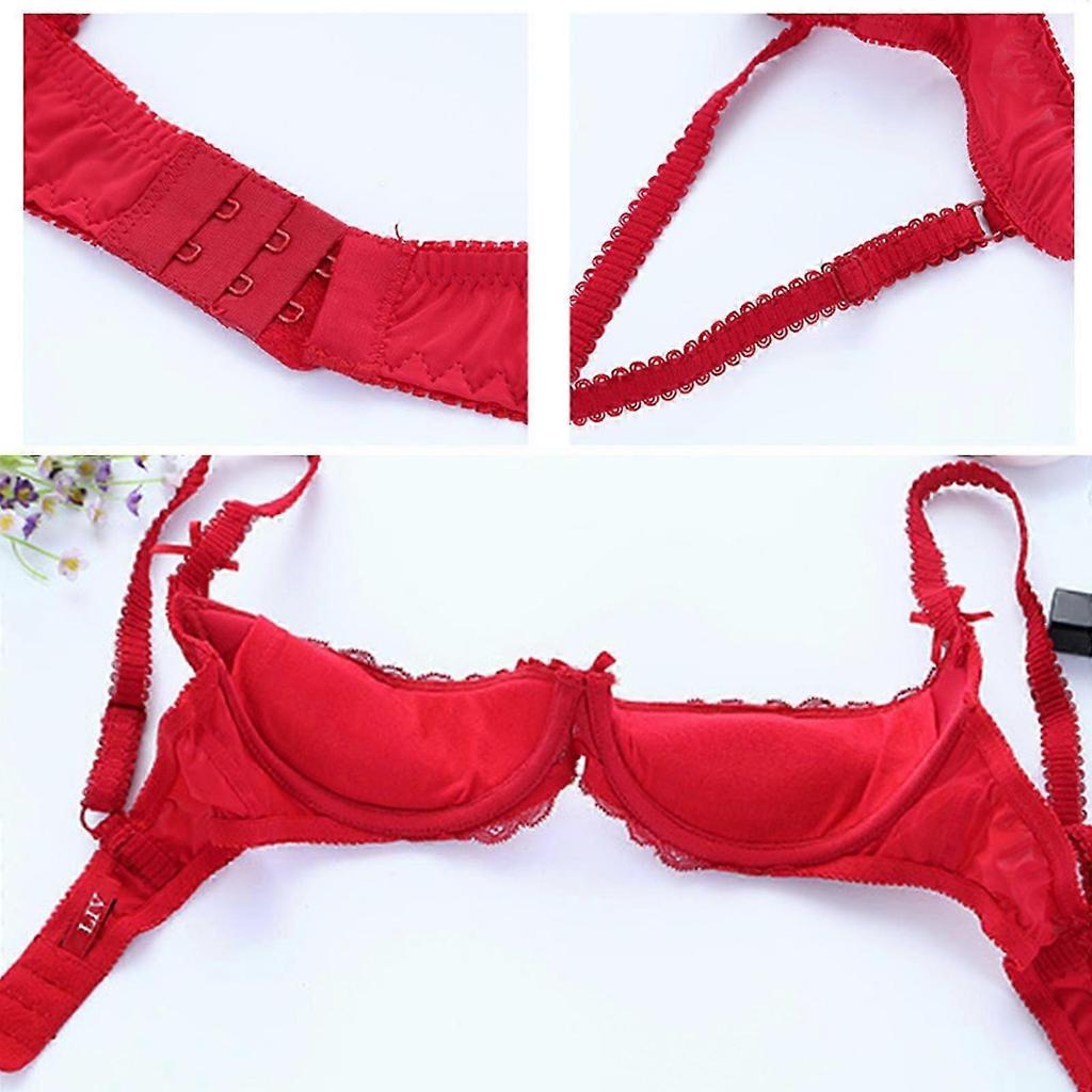 Women's Lace Shelf Bra Padded Push Up Bra 1/4 Cup Balconette Bra Underwire Bralette Sex Balconette Bra Underwire Gifts Red 80C New Arrival