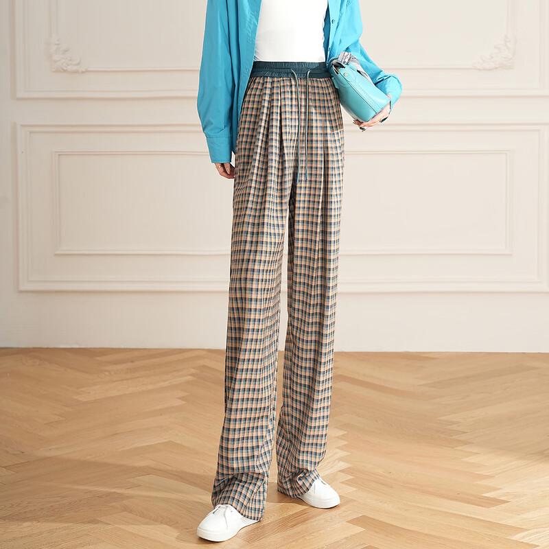 Women's High-Waisted Plaid Wide-Leg Casual Trousers