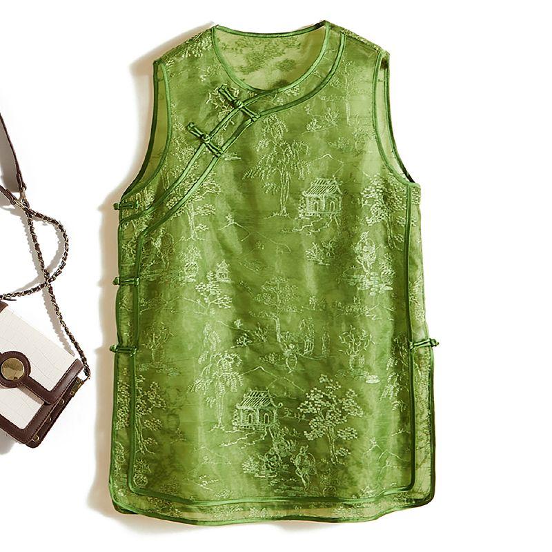 

Китайский Новый Этнический Стиль Вышитое Шелковой Пряжей А-силуэтное Платье-Сарафан! Женский летний жилет 2025 года с пряжкой изумрудно-зеленый Emerald green L