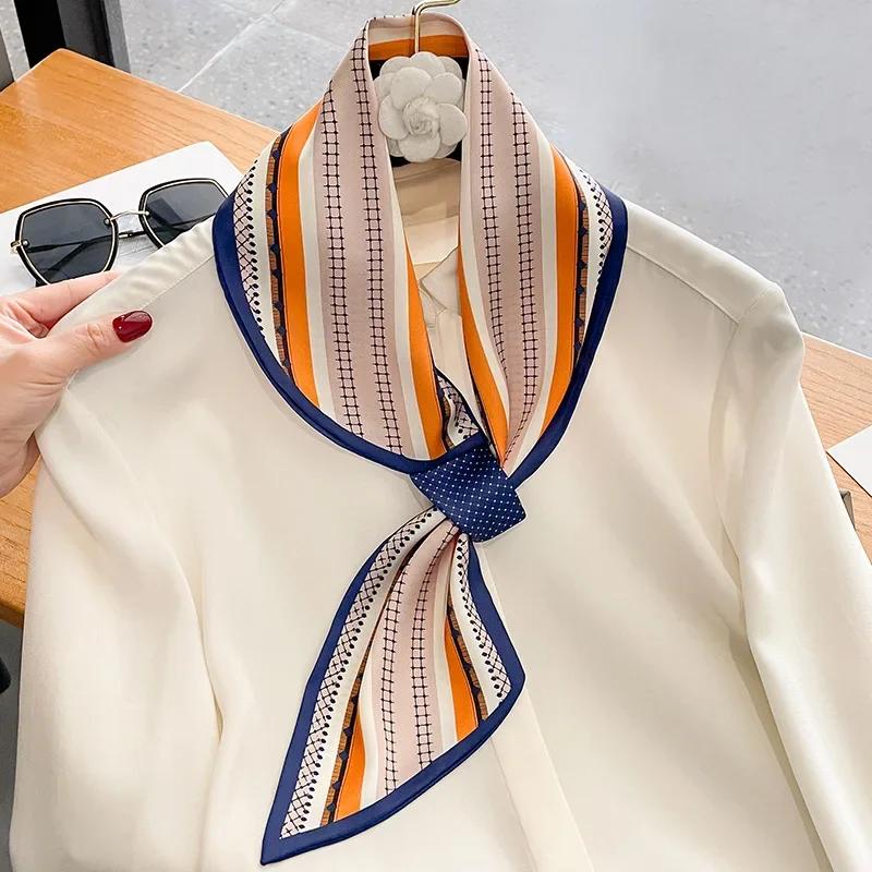 Luxury Stripe Skinny Silk Scarfs Women Foulard Neckerchief Lady Bag Ribbons Office Soft Satin Neck Tie Female Hairband Gift