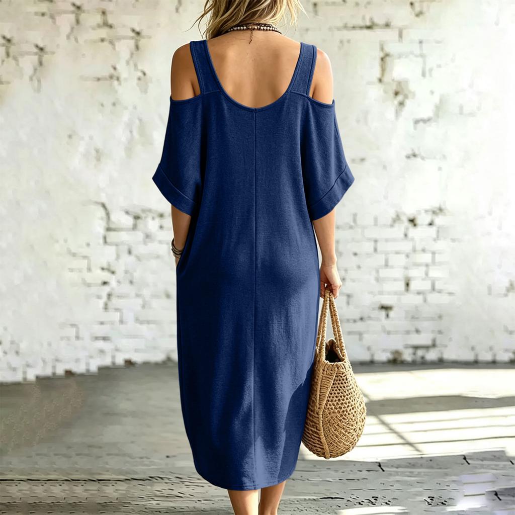 Women's V-Neck Off-Shoulder Midi Dress with Pockets Loose Fit Casual