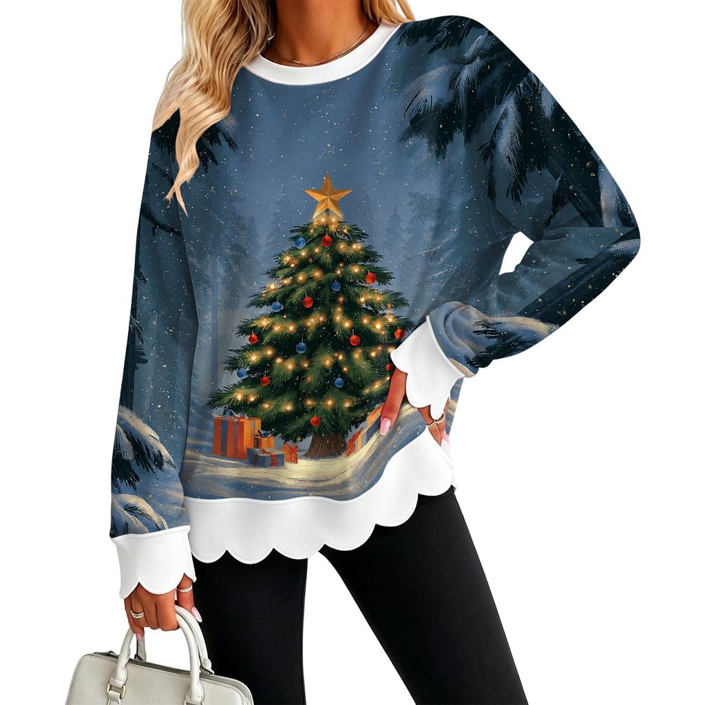 Women's Casual Christmas Print Sweatshirt Top with Scalloped Wavy Hem and Crewneck