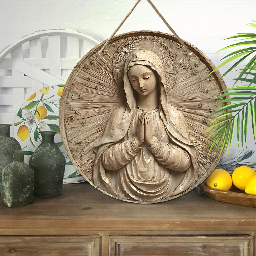 Biddende Maagd Maria Rond Houten Hangbord, 2D Platte Geprinte Religieuze Muur Deur Ornament, Katholieke Huisdecoratie Cadeau