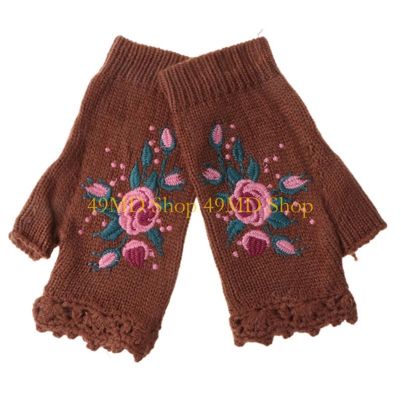 49MD Knit Fingerless Gloves Fall Winter Floral Embroidery Half Finger Cycling Mittens