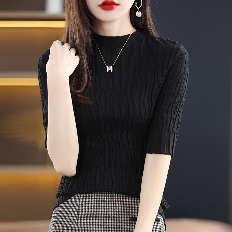 Women's Slim Fit Mid-Sleeve Knitted Shirt - Soft Half Turtleneck for Early Autumn 2024