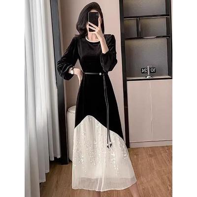 Hepburn-Style Sequined Lace & Velvet Long Dress for Autumn/Winter