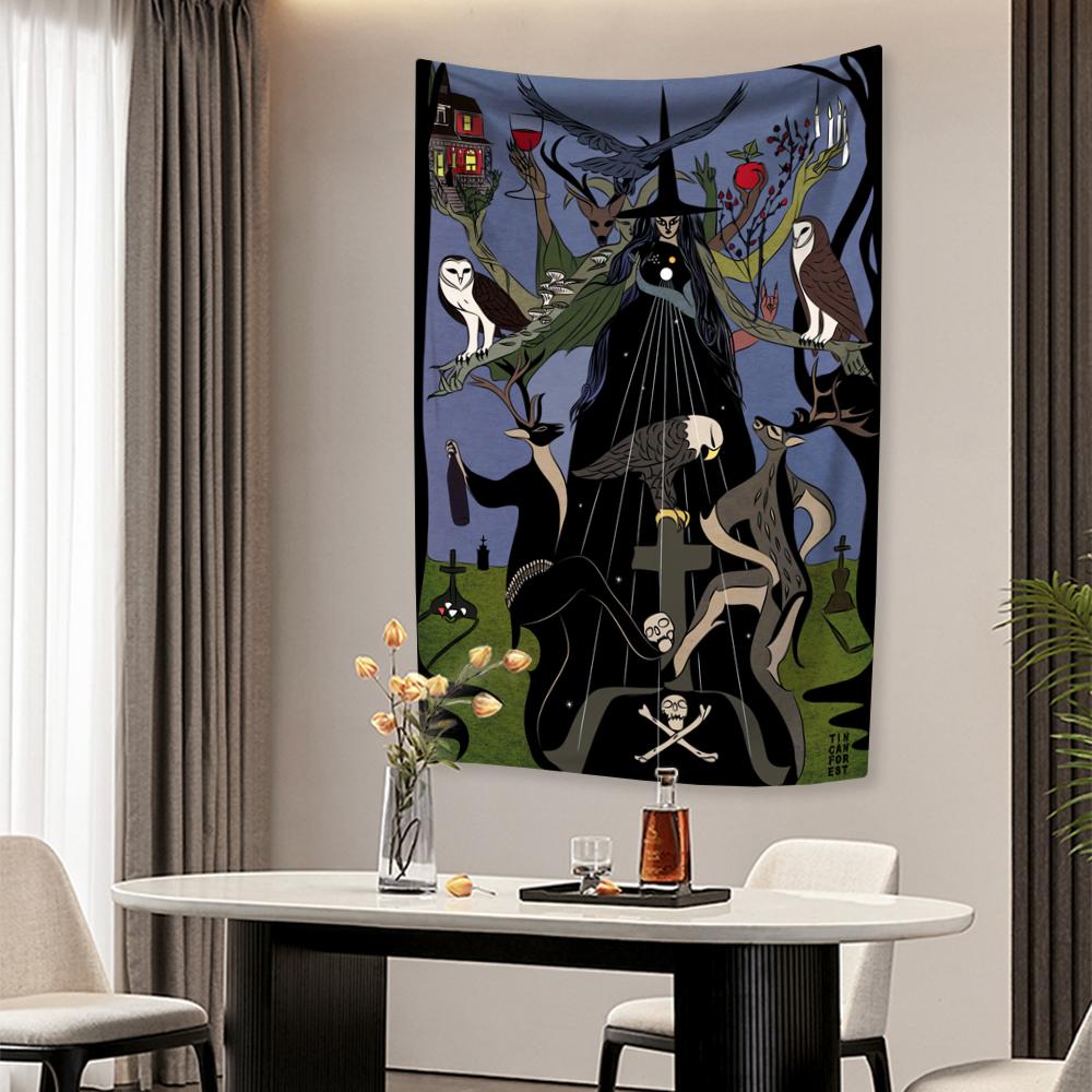 Psychedelic Witchcraft Tapestry Cartoon Illustration Bohemian Bedroom Decor Aesthetics Wall Hanging Covering Cloth Yoga Mat