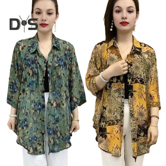 Women Shirt Lapel 3/4 Sleeve Sunscreen Shirt Printing Sun Protection Thin Mid-length Shirt Loose Fit Tops Daily Wear