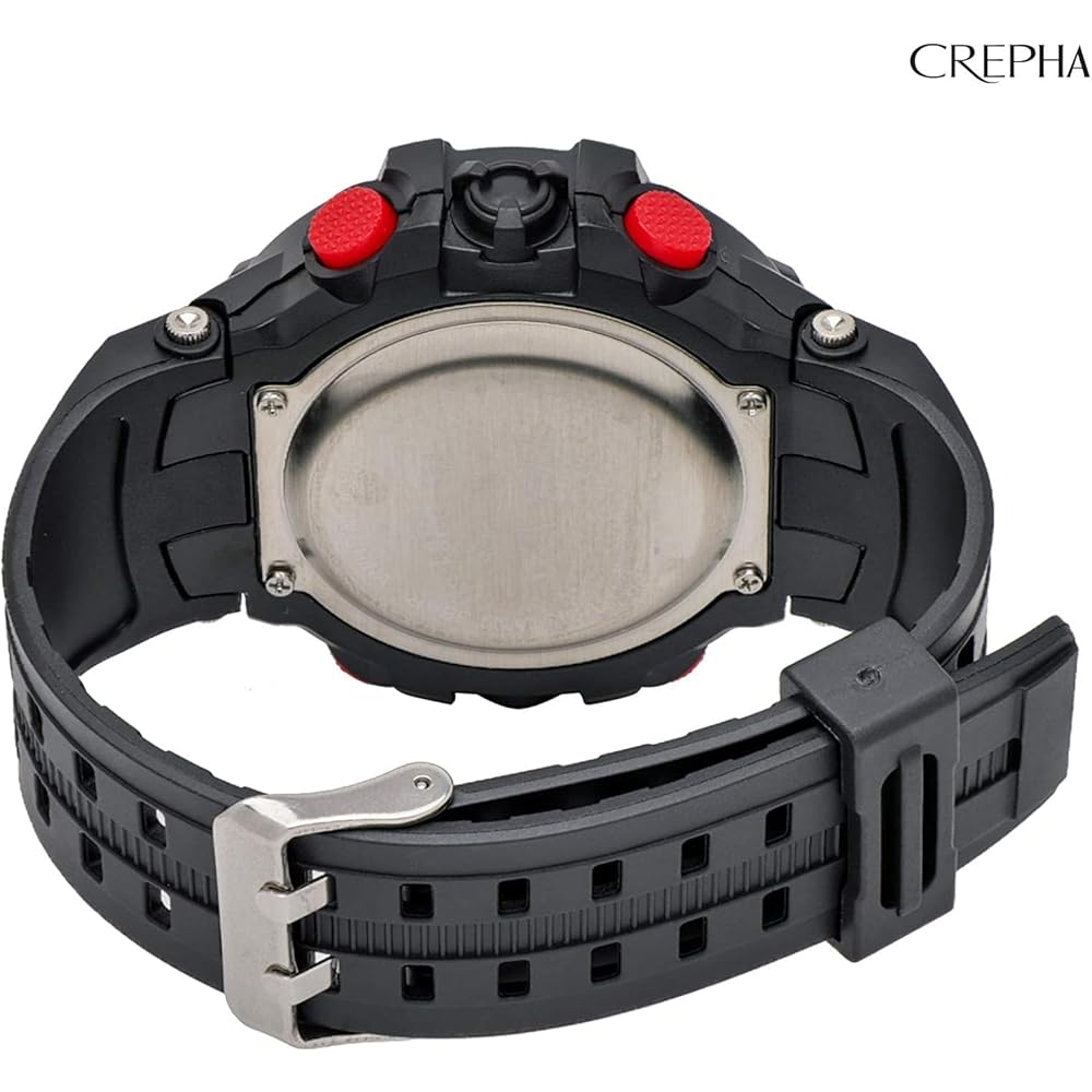 Crepha TELVA Digital Multifunction Sports Watch 5 ATM Water Resistant Large Screen Red Men's Rubber Strap