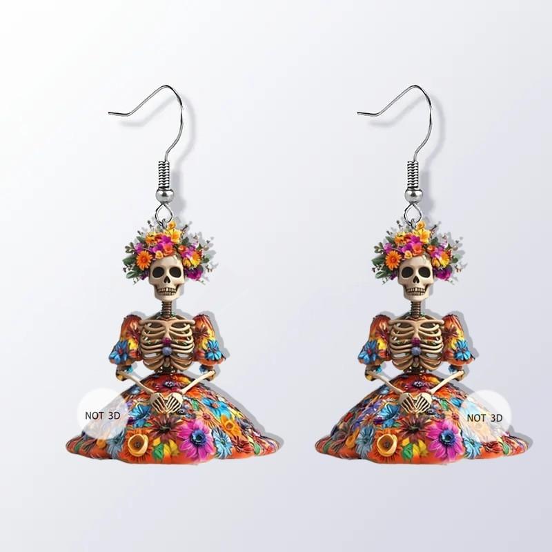 Flower Halloween And Skull Pattern Women Earrings For Festival Celebration