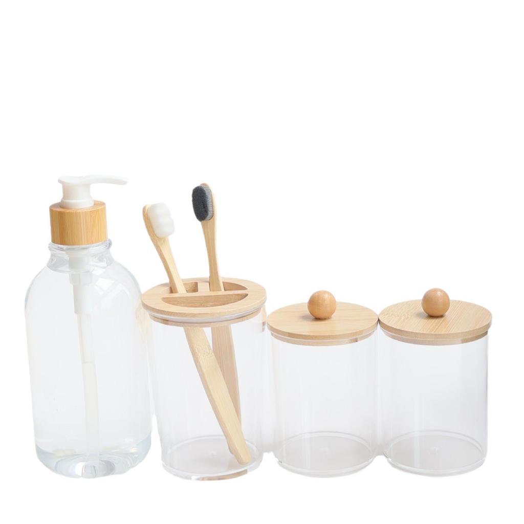 4-Piece Bathroom Set: Transparent Press-Down Soap Bottle, Toothbrush Holder, Bamboo Lid Cotton Swab Box, and Acrylic Cotton Ball Jar