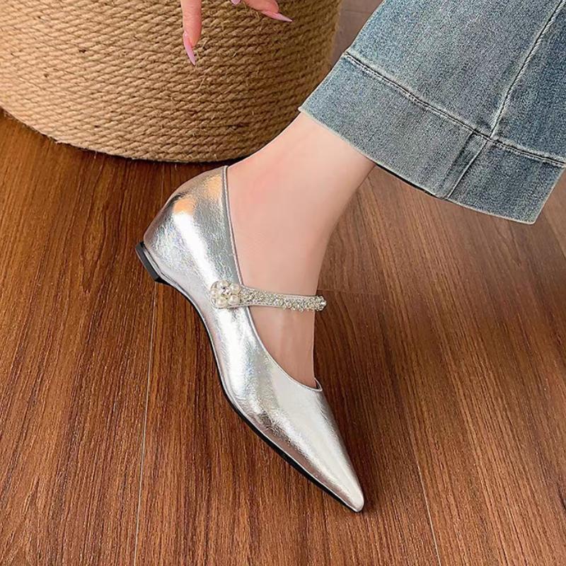 Fashion Inside Heightened Single Shoes Autumn New Pointed Toe Shallow Slip Rhinestone Strap Soft Sole Anti-slip Wear-resistant Flats
