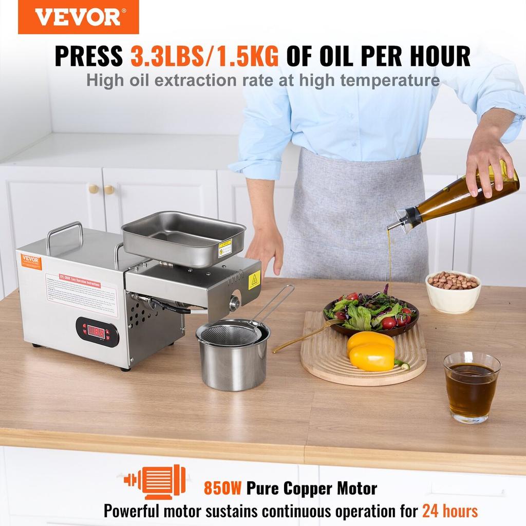 Electric Oil Press Machine, 850W Stainless Steel Oil Extractor Machine, 0-300℃ / 32 - 572 ℉ Adjustable Temperature, Hot Press Oil Expeller for