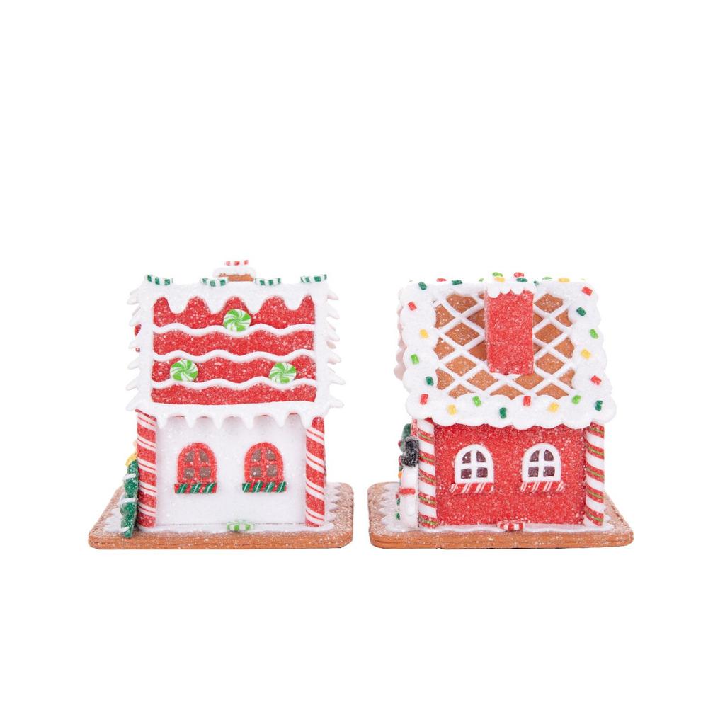 Red Gingerbread House Tabletop Ornaments, Santa & Snowman Christmas Decor (2Pcs Per Set)