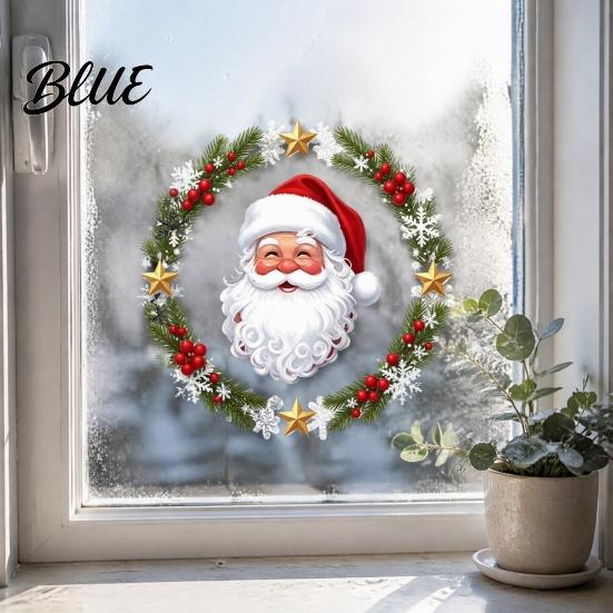 Removable Window Murals Christmas Clings Cute Santa Claus Wreath Sticker Cartoon Holiday Glass Decals Static Decal for Office Shop Winter