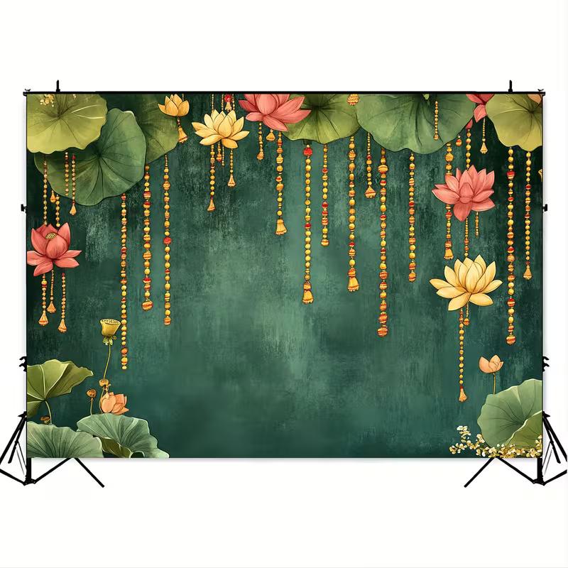 2D Deep Green Lotus Garland Backdrop, Indian Traditional Pooja Photo Background
