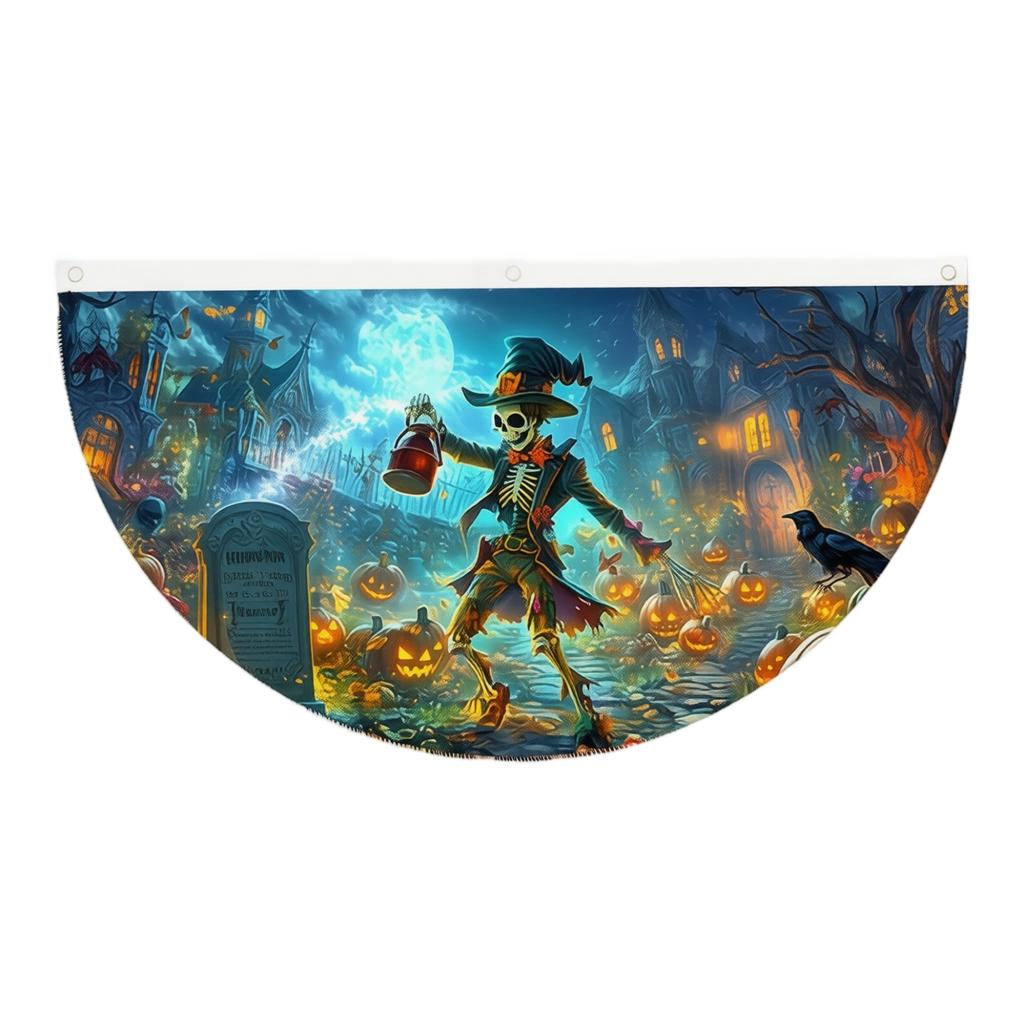 Halloween Pumpkin Half Circle Fan Shaped Banner Outdoor Yard Hanging Decoration Garden Fence Party Setup 45cmx90cm Durable Material