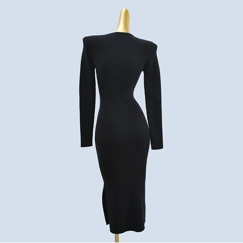 Thick Autumn and Winter Pleat V-neck Knitted dress Women Slim fit Sexy Elegant Elegant Split with Coat Hip Skirt