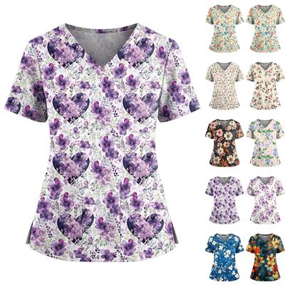Women's Casual Printed V-Neck Pocket Side Slit Short Sleeved Top Short Sleeved Top