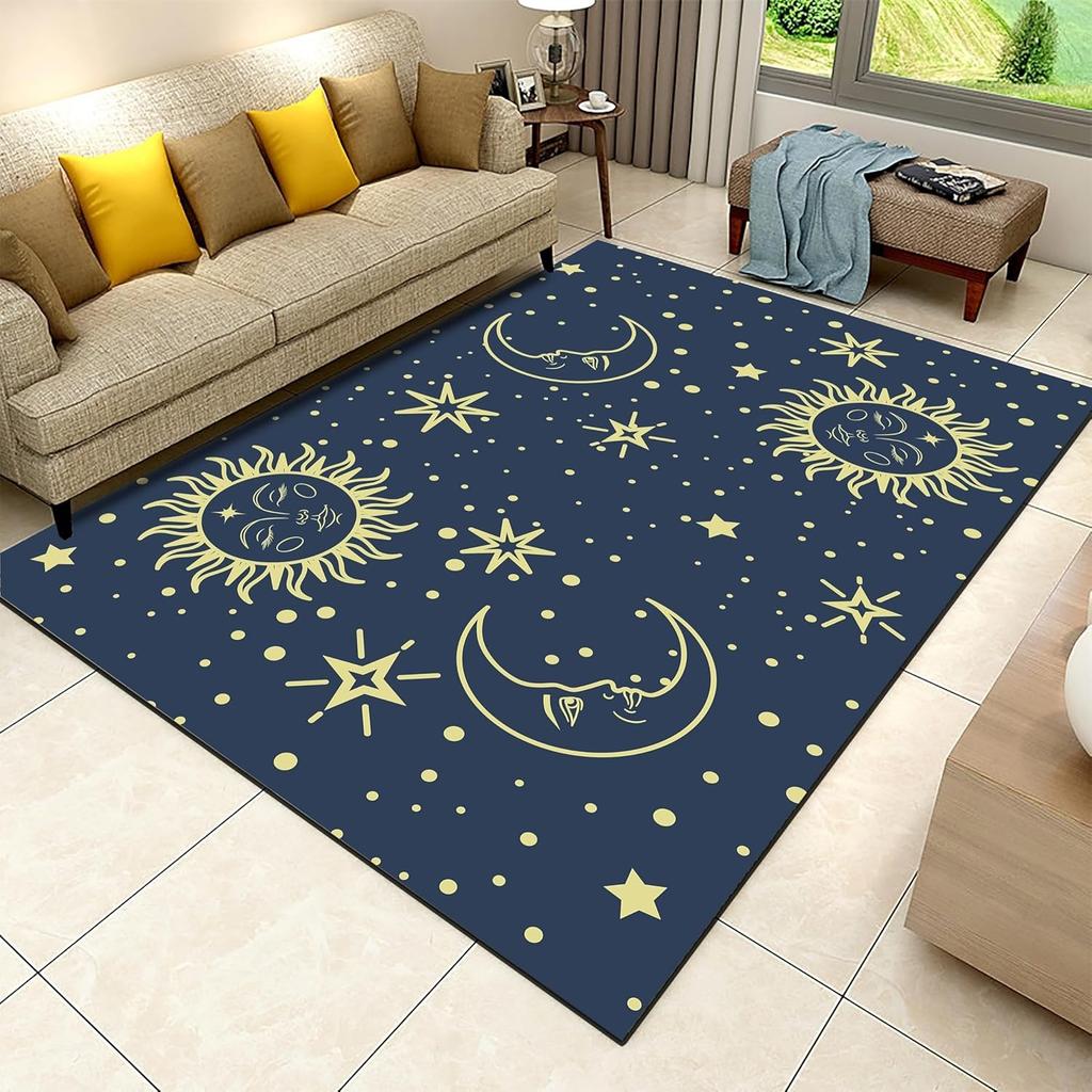 Black Celestial Moon and Stars Pattern Area Rug Phases of The Moon Decor Carpet Modern Astronomy Themed Non-Slip Living Room Rug