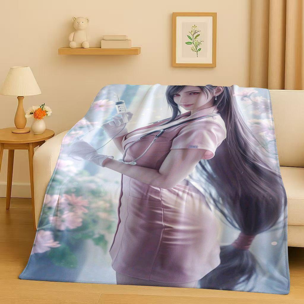 HD Tifa Aerith Sexy Lace Girl Cartoon Flannel Blanket,Ultra Soft Warm Plush Throw for Home Bedroom Bed Sofa Cover Picnic Kids