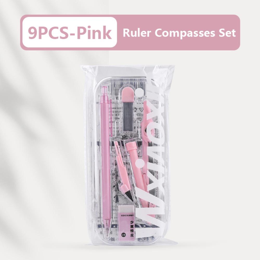 8PCS/Set Plastic Ruler Compasses Set Mechanical Pencil Eraser Measuring Ruler Straight Ruler Set Square Protractor School Office