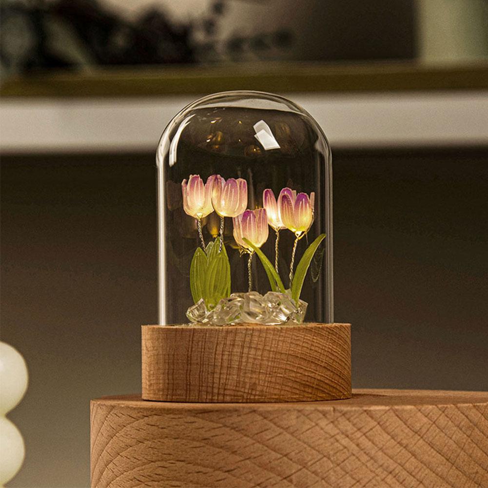 Tulip Flower Night Light With Glass Cover Handmade DIY Bedside Light LED Night Lamp Table Desk Lamp Bedroom Decor USB Mood Light
