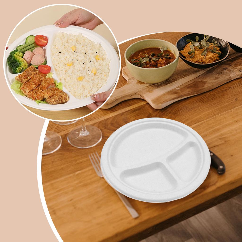 Disposable Dinner Plates, Thickened Food-grade Tableware, Round Snack Plates, Barbecue Plates, Buffet Paper Plates, Three-grid Paper Plates