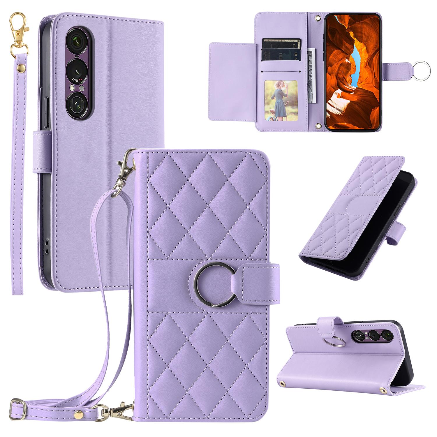 

For Sony Xperia 1 VII Case Ring Buckle Wallet Stand Rhombus Crossbody Leather Mobile Cover Purple