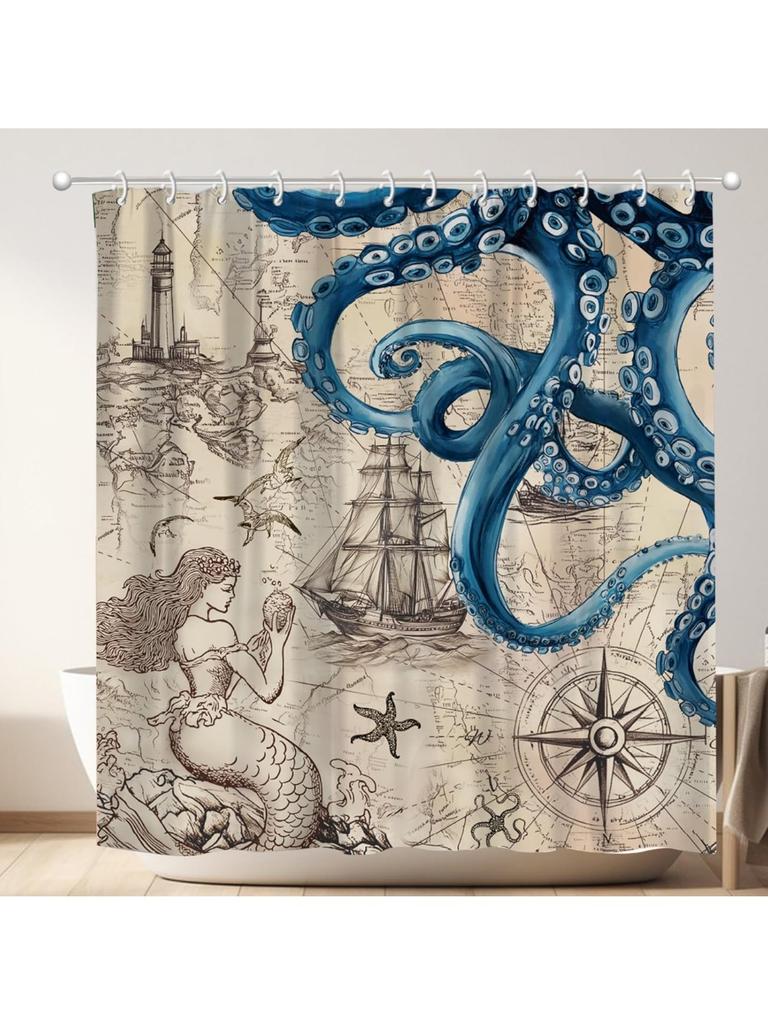 Vintage Nautical Octopus Shower Curtain, Funny Ocean Kraken Shower Curtains Waterproof, 72X72 Inches Anchor Coastal Map Shower