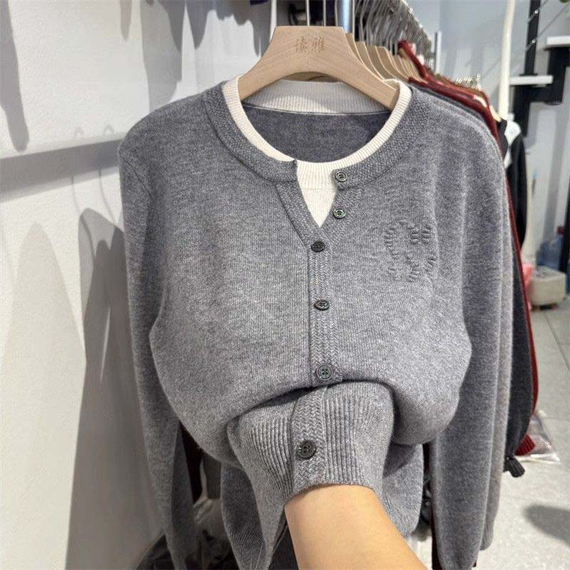 Sweater for Women Autumn Winter Faux Two-Piece Pullover Warm Knitted Stretchy Long Sleeve Tops