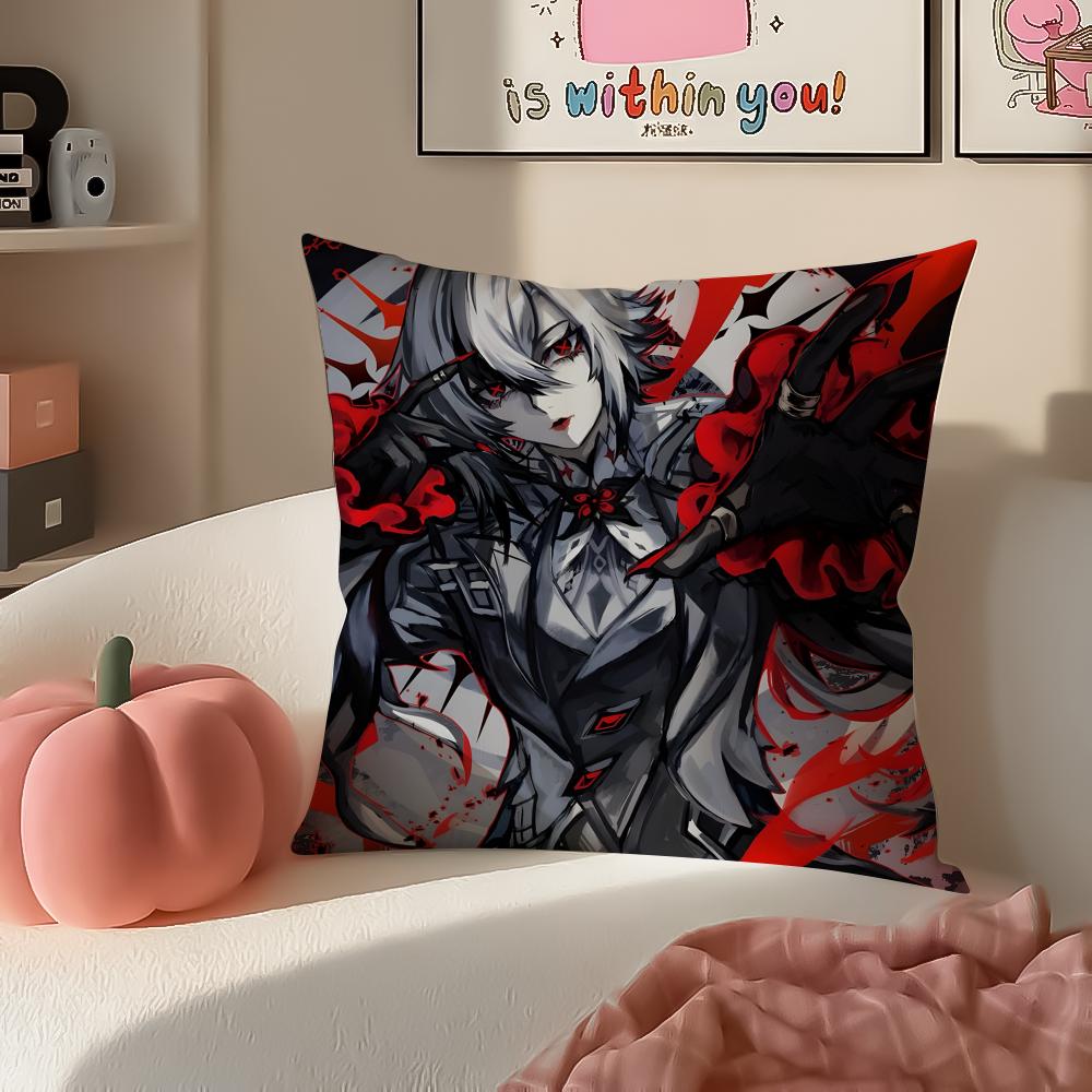 Game Genshin Arlecchino Cushion Cover Pillowcase Short Plush Invisible Zipper Room Sofa Cushion Cover