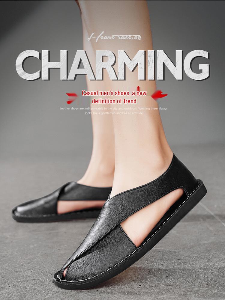 Men's Genuine Leather Cross-Strap Sandals - Breathable, Comfortable Slip-on Shoes for Summer.