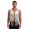 Men Sparkly Sequin Cowboy Vest Open Front Tassel Rivets Shiny Western Waistcoat for 70s Disco Club Parties