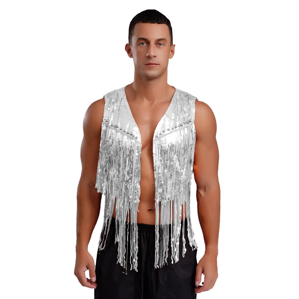 Men Sparkly Sequin Cowboy Vest Open Front Tassel Rivets Shiny Western Waistcoat for 70s Disco Club Parties