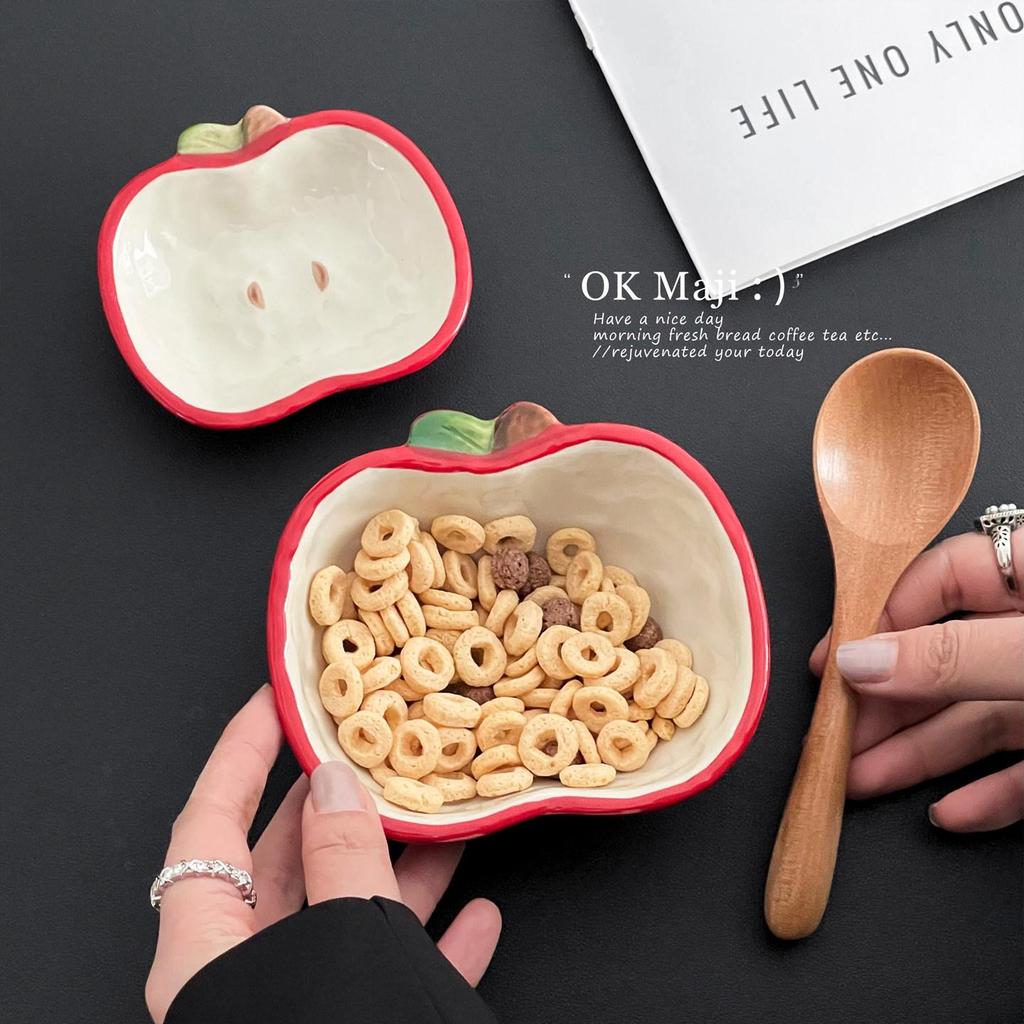 Charming Ceramic Apple Bowl - Adorable Cartoon Design, Perfect for Rice, Yogurt, and Desserts.