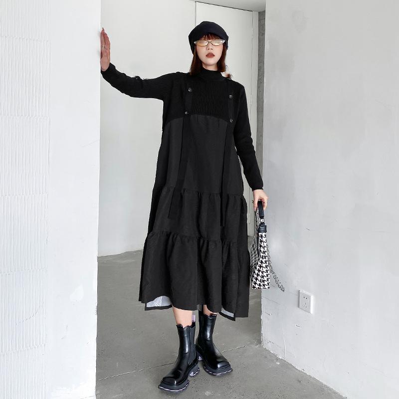 

XITAO модное вязаное лоскутное платье с высоким воротником и ложным воротником WLD13086 One Size чёрный