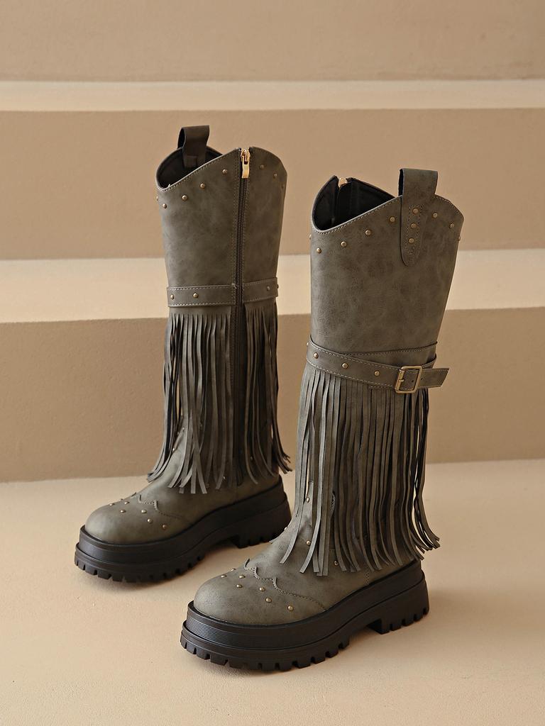 2025 Autumn and Winter Europe and the United States New Belt Buckle Knight Boots Rivet Belt Buckle Foreign Trade Large Size Medium Boots