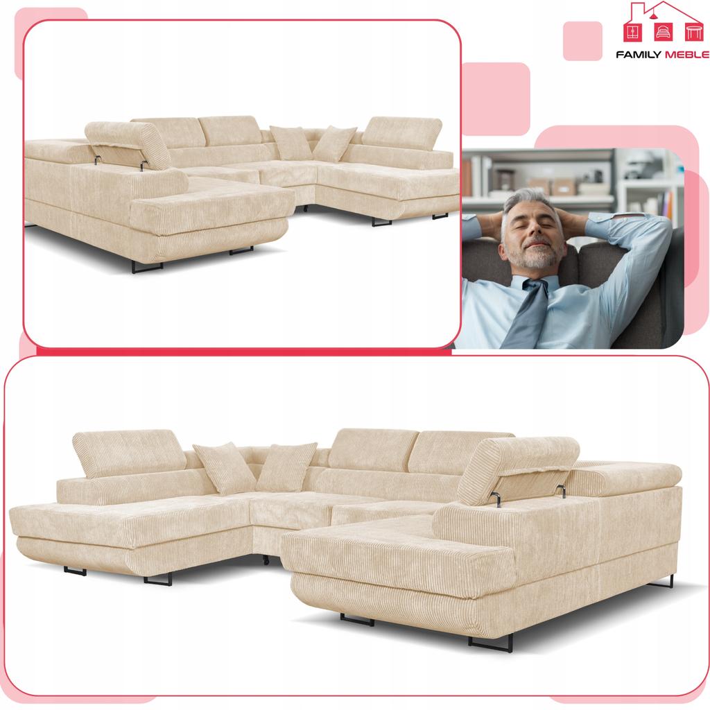 U-shaped Corner Sofa Bed, Extendable F. Savio Family Furniture Beige Corduroy