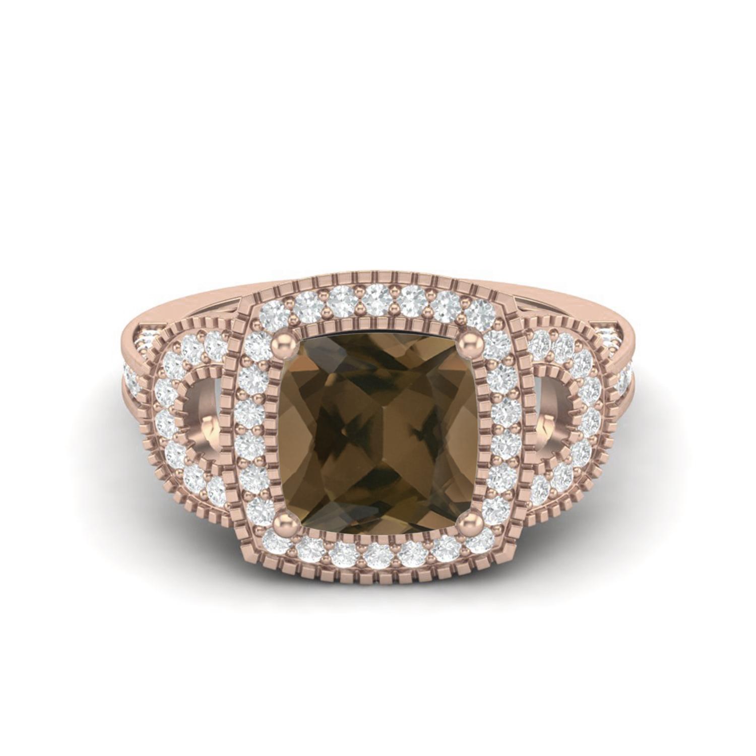 4.06 Ctw Cushion Smoky Quartz 925 Sterling Silver Rose Vemreil Solitaire Halo Women Wedding Ring 10