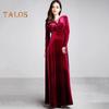 Women Evening Dress Golden Velvet V Neck Pleated A-line Pure Color Long Sleeves Full Length Dress High Waist Prom Party Maxi Dress