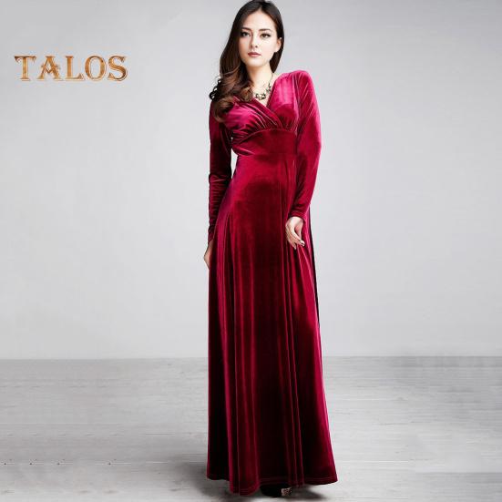 Abendkleid für Damen, goldener Samt, V-Ausschnitt, plissiert, A-Linie, reine Farbe, lange Ärmel, langes Kleid, hohe Taille, Abschlussball, Party, Maxikleid