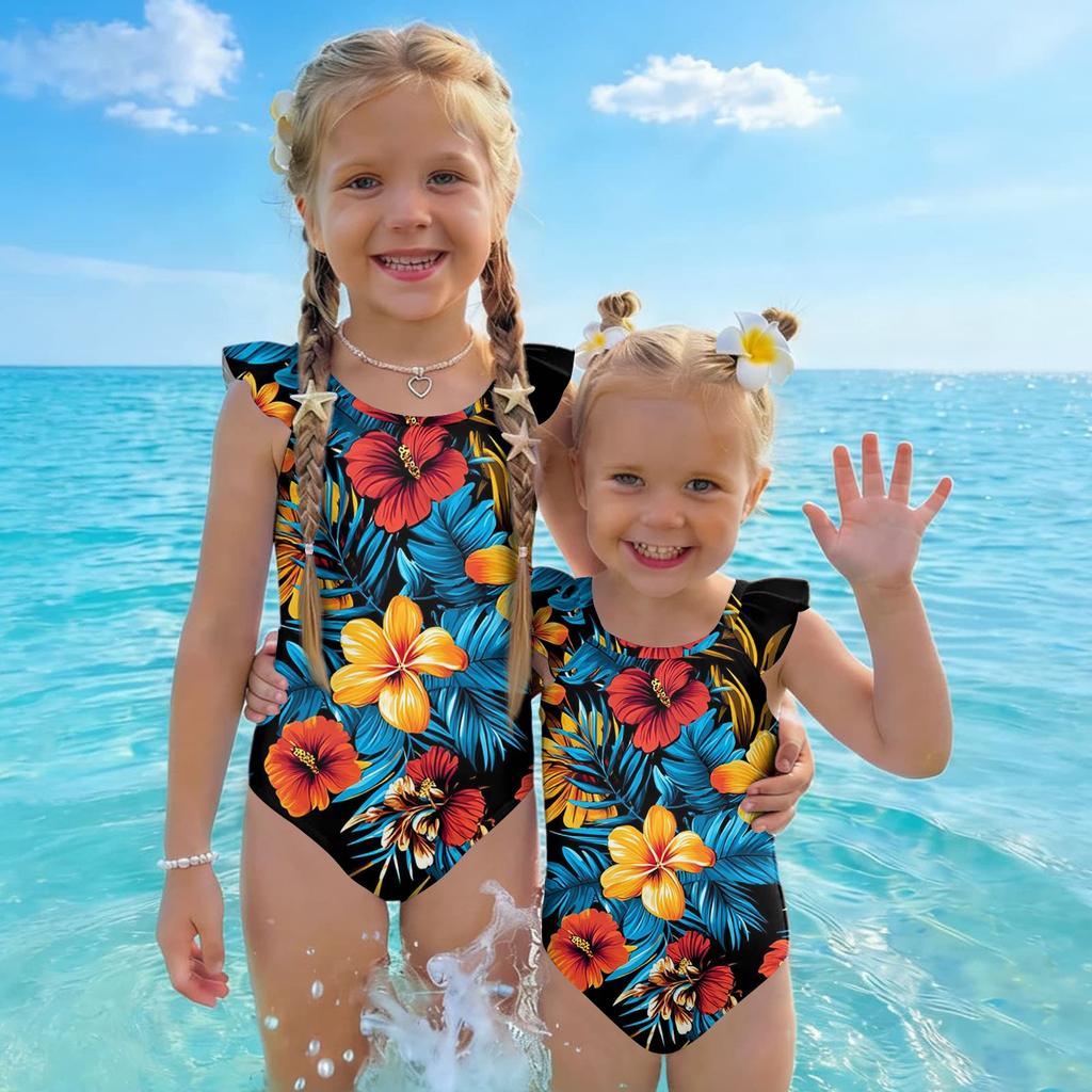 Girls One Piece Swimsuit Hawaiian Print Kids Swimwear Toddler Child Beachwear Sleeveless Ruffle Shoulder Bathing Suit for Summer Pool