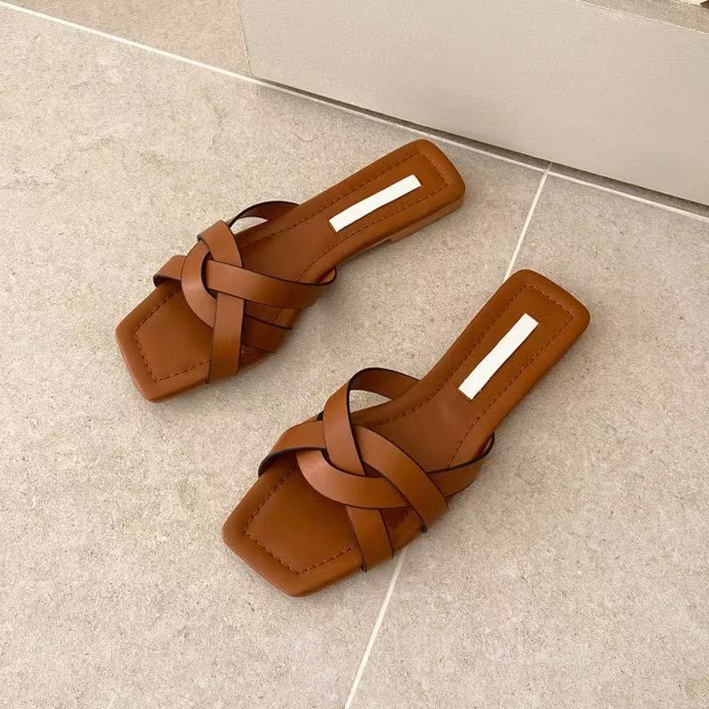 

Весна и лето новая мода квадратный носок плоская подошва шлепанцы женские универсальные перекрестные ремни квадратный носок слово ленивый 41 коричневый