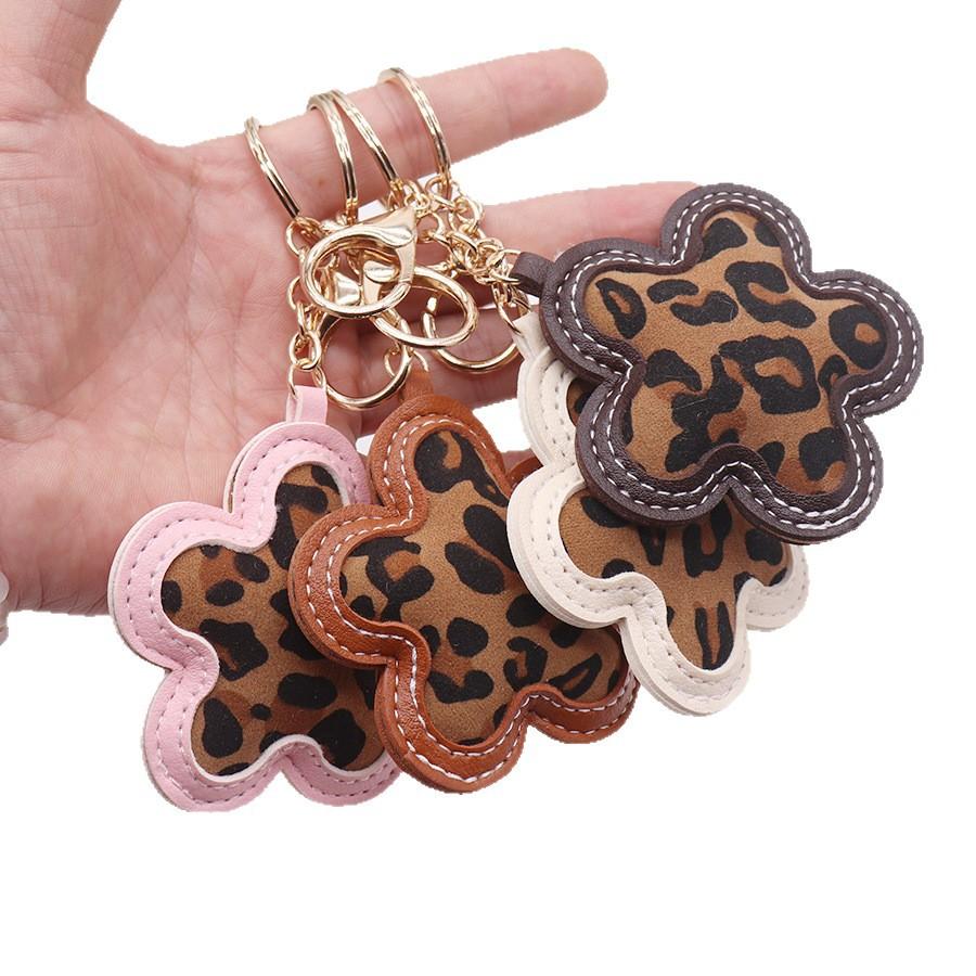 Korean Leather Leopard Print Flower Keychain Car Keyring Handbag Backbag Bag Pendant Hanging Ornament