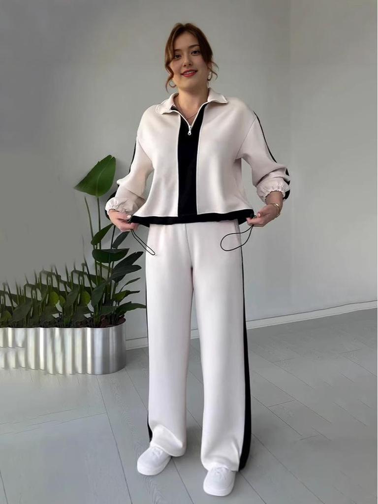 2025 Autumn Women's Fashion Color Block Casual Knitted Two-Piece Set