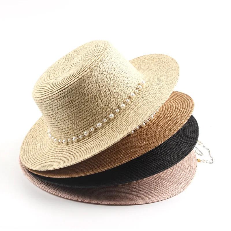 Women Summer UV Protection Straw Sun Hat Wide Brim Korean Style Pearl Decor Beach Foldable Travel Elegant Lightweight