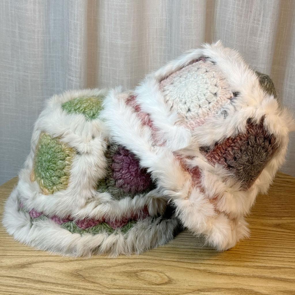 Colorful Rabbit Fur Fisherman Hat for Women In Autumn and Winter Hand Knitted Woolen Hat Warm Furry Hat Showing Face Small Plush Hat