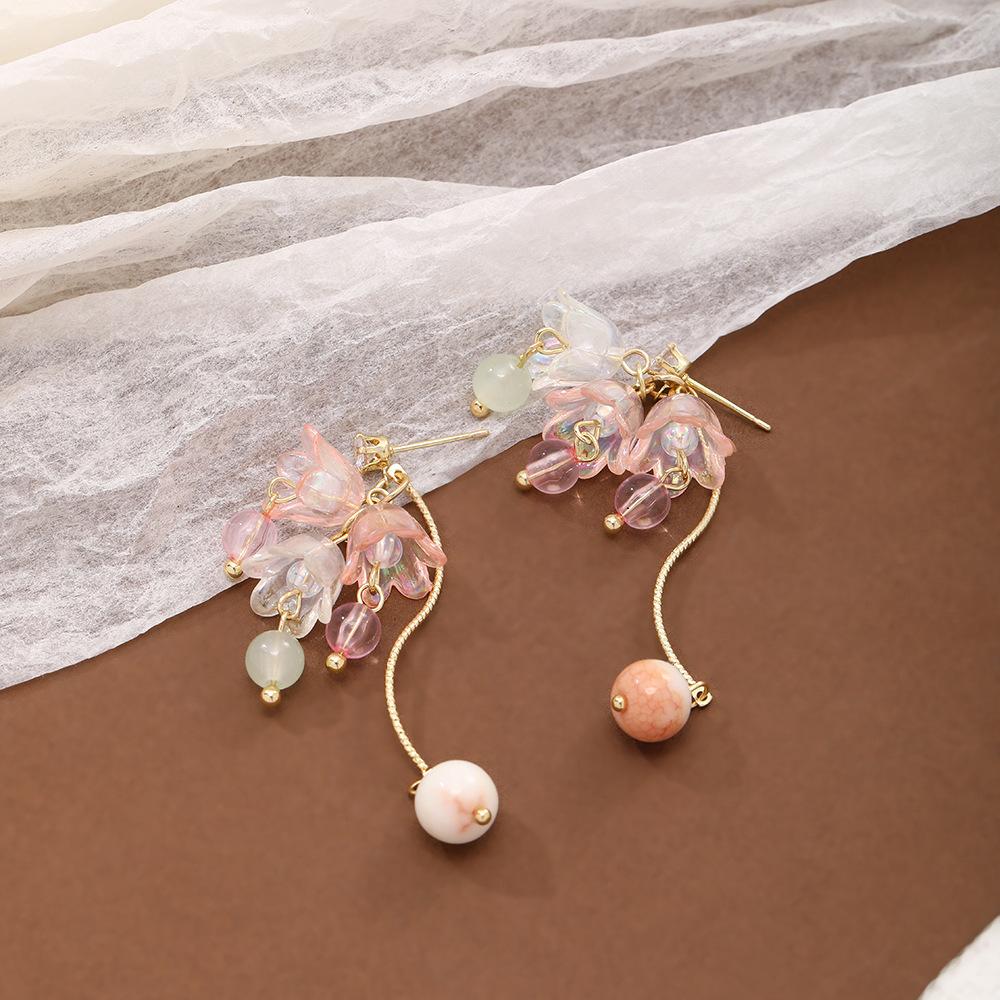 Sweet And Gentle Pink Long Color Lily Of The Valley Earrings, Fresh Girlish Temperament Fashionable Stud Earrings For Women
