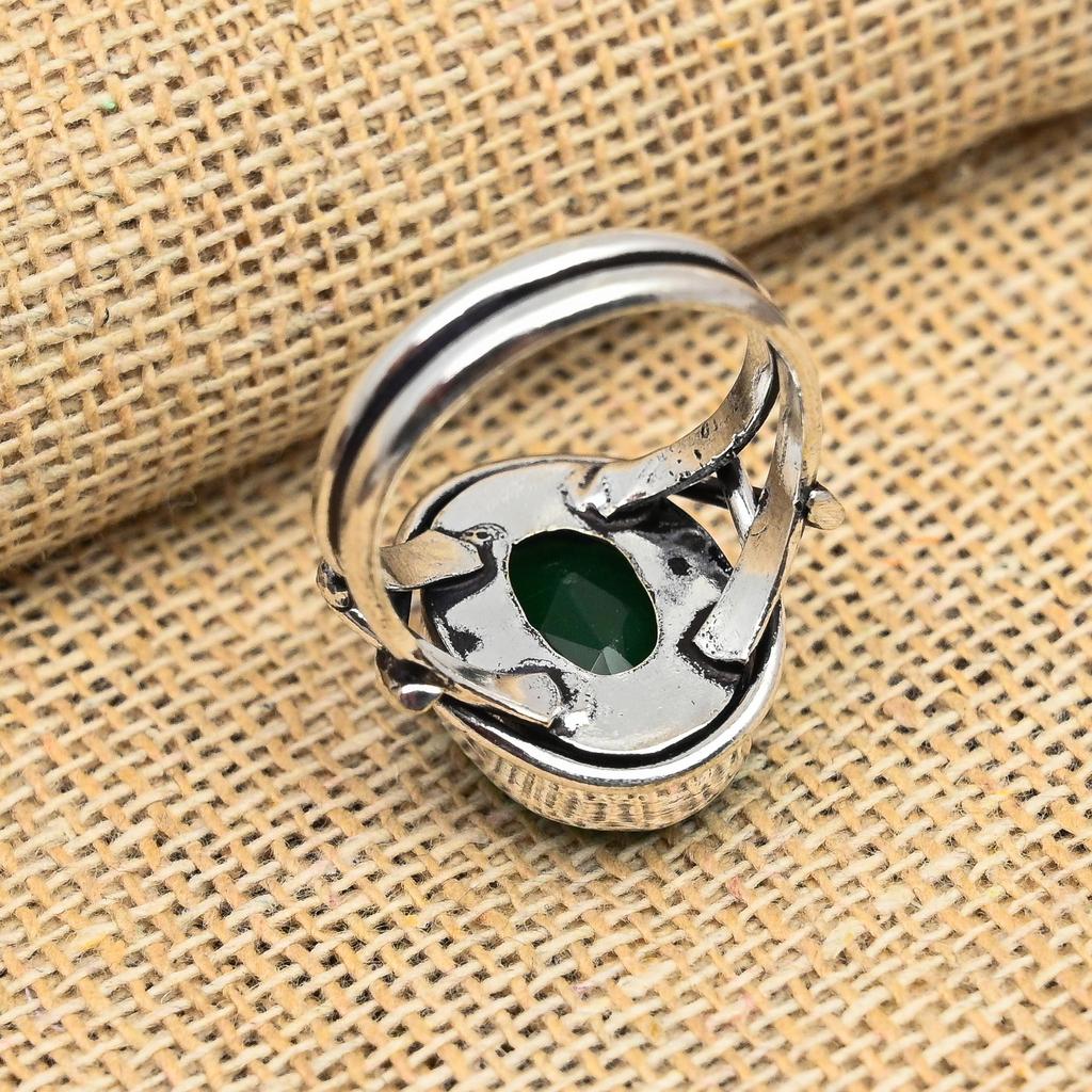Faceted Green Onyx Gemstone 925 Solid Sterling Silver Handmade Lovely Ring Jewelry